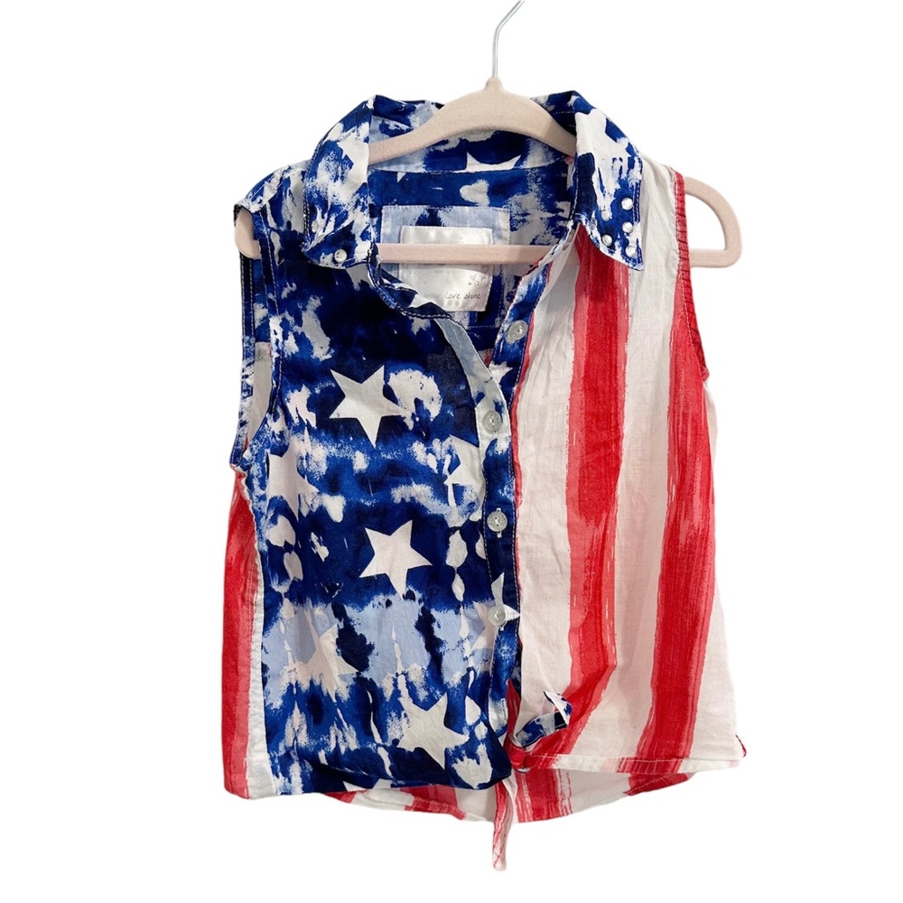 Justice Stars & Stripes sleeveless button down blouse With Front Tie- Size 6